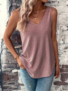 Bộ áo tank top dáng rộng cổ chữ V khoét rỗng bằng vải jacquard dành cho nữ cỡ lớn, phong cách thường ngày mùa hè. - Hồng, xanh lá cây và đen - Xem 3