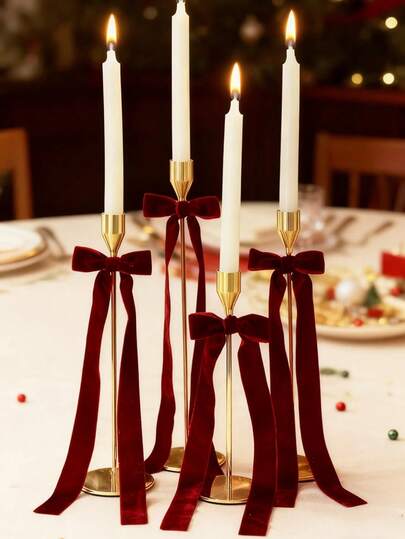 12个天鹅绒酒红色蝴蝶结，适用于烛台装饰，尺寸为4英寸 x 12英寸，酒红色，带粘点，适用于周年纪念日、生日、派对、蜜月、假期、客厅、餐桌装饰、烛台装饰、派对用品