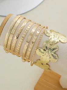 Juego de 8 brazaletes vintage apilables con grabado y abertura, accesorios de joyería de pulseras boho con múltiples patrones - Amarillo Oro - Ver 5