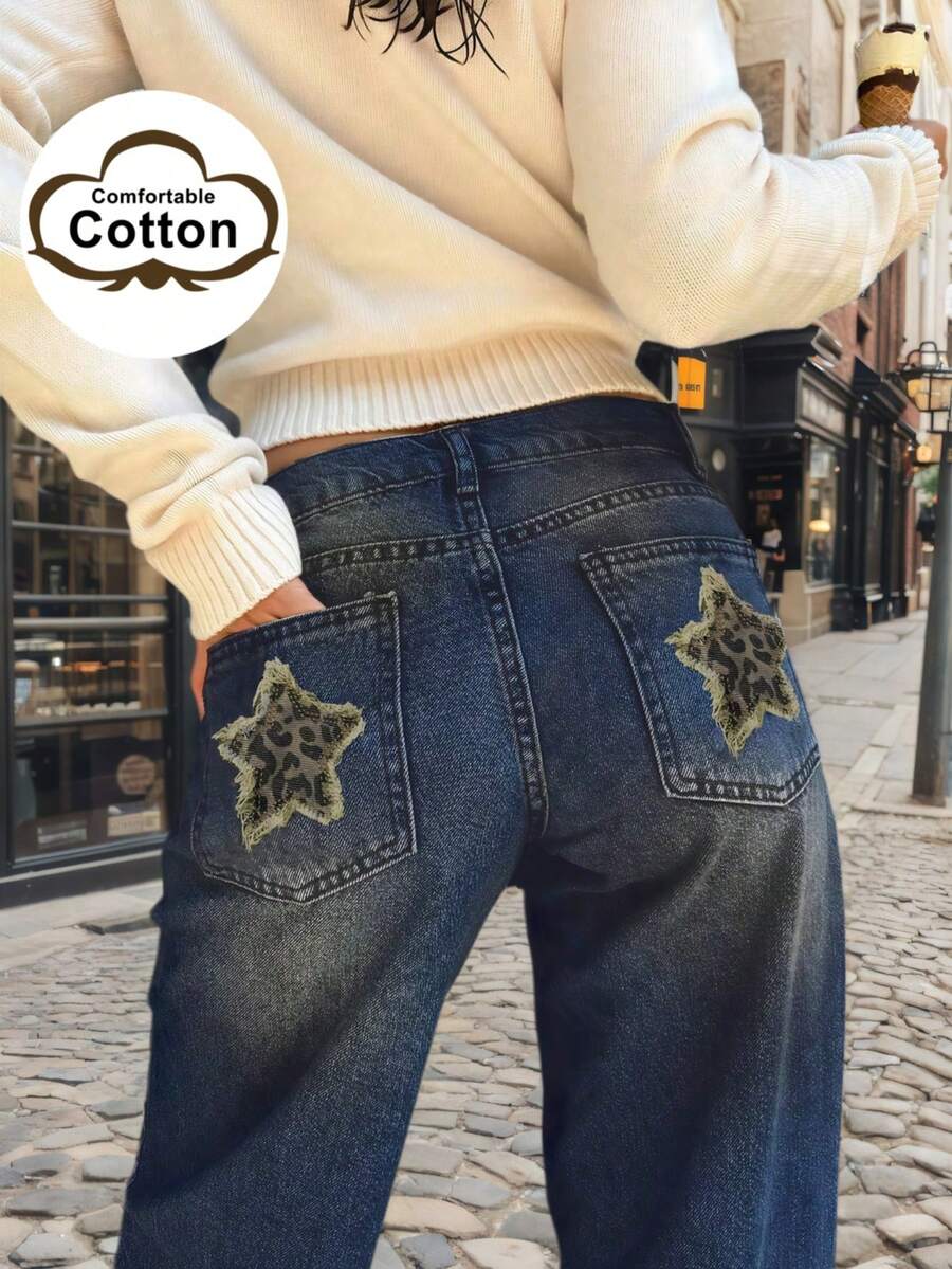 Blugi de damă Y2K toamna, casual, de zi cu zi, spălați, cu mustăți de pisică, cu buzunare în spate, leopard, cu stele, patchwork, cu picior drept