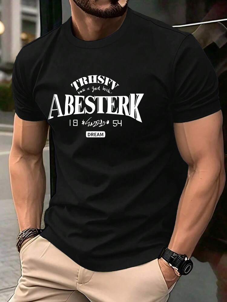 Camiseta Casual de Talla Grande para Hombre - Impresión Gráfica "Trusty Abesterk", Mezcla de Poliéster Transpirable, Cuello Redondo de Manga Corta, Camiseta de Verano de Ajuste Regular, Lavable a Máquina, TALLA GRANDE - Negro - Añade 12