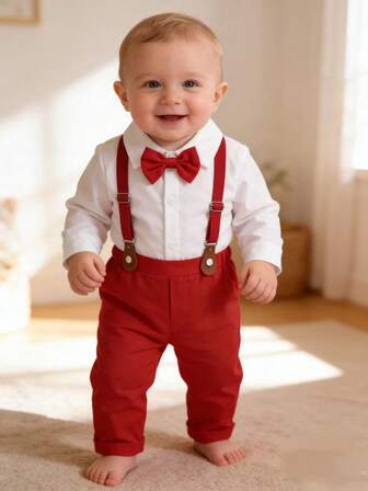 ชุดสุภาพบุรุษเด็กผู้ชาย, ชุดเด็กส่งหน้าเวที, เสื้อเชิ้ตสีขาวบริสุทธิ์ + ชุดกางเกงเอี๊ยม, คริสต์มาส, ชุดทางการสำหรับงานเลี้ยงวันเกิด