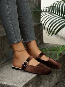 Women's Spring/Summer New Closed Toe Splicing Slip-On Sandals, Fashion Versatile Fairy Style Elegant Slip-On Mules - Coffee Brown - View 2