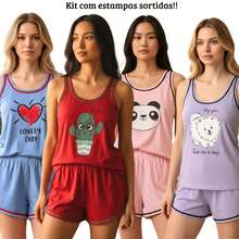 Kit com 2 Pijamas Feminino Adulto Baby Doll Alcinha Short Doll em malha de qualidade Estampas Sortidas - Multicolorido - Visão 3