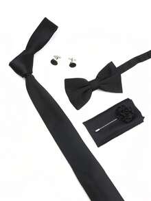 5件套伴郎婚礼领带套装，包括领带、领结、口袋巾、胸针、袖扣，时尚黑色西装配饰 - 黑色 - 查看 2