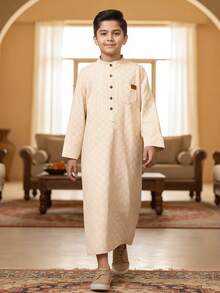 1pc Middle Eastern Long Robe For Tween BoyBlack Long Sleeve Stand Collar With Pockets - Khaki - View 3