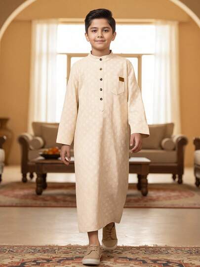 1pc Middle Eastern Long Robe For Tween BoyBlack Long Sleeve Stand Collar With Pockets