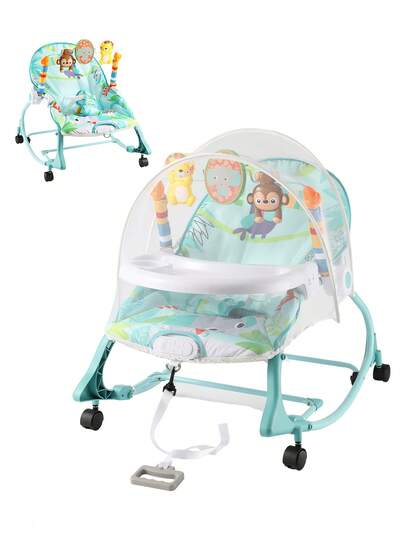 Silla mecedora multifuncional para bebés, con bandeja y ruedas giratorias, respaldo ajustable, con música y función de vibración, equipada con mosquitera, segura y cómoda, adecuada para recién nacidos y niños pequeños