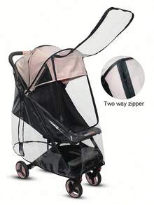 1件透明婴儿车雨罩，采用EVA材质，防风、防雨、防尘、防雪，高透明度，柔软舒适，易于安装，双向拉链方便取用，适用于95%的婴儿车型号，四季皆宜。