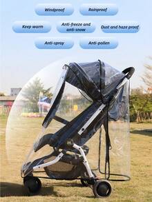 1件透明婴儿车雨罩，采用EVA材质，防风、防雨、防尘、防雪，高透明度，柔软舒适，易于安装，双向拉链方便取用，适用于95%的婴儿车型号，四季皆宜。