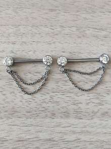 1 pièce Bijou de piercing au téton en titane G23 avec chaîne et chaton en CZ. Barres de piercing pour la langue et les tétons, piercing sexy pour les mamelons pour femmes - Clou à téton - Voir 3