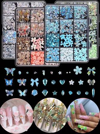 A 12-Compartment Box Set Of Nail Art Accessories, Featuring (Five-Petaled Flowers + 3D Transparent Butterflies + Vibrant Roses + Various-Shaped Pebbles). These Accessories Are Perfect For Nail Art Creation, DIY Nail Art, Phone Cases, Cups, Hair Accessories, And Other Decorative Items.