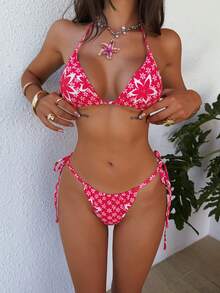 Sultry Sol Conjunto de bikini de mujer con cuello de halter, sexy, elegante y cómodo, con estampado de hoja de arce, tela de alta elasticidad, decoración con colgante metálico, adecuado para primavera/verano, playa, resort, piscina, fiesta, traje de baño de 2 piezas - Rosa Fucsia - Ver 2