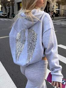 Sequin Embroidered Angel Wings Light Grey Sweatshirt Y2K Cute Women Sweatshirt, Casual Dropped Shoulder Long Sleeve Sweatshirt For Women