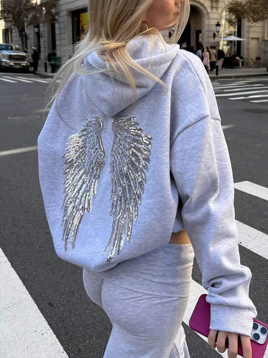 Sequin Embroidered Angel Wings Light Grey Sweatshirt Y2K Cute Women Sweatshirt, Casual Dropped Shoulder Long Sleeve Sweatshirt For Women