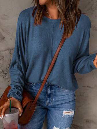 Maglione lavorato a maglia da donna, dal collo rotondo, elegante e versatile, a maniche lunghe, con maniche raglan, vestibilità morbida, stile minimalista, adatto per uso quotidiano, casual, casa, ufficio