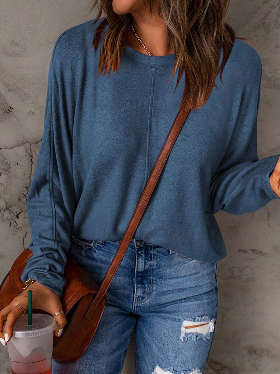 Femmes Couleur Unie Élégant Polyvalent Col Rond Manches Longues Tricot Pull, Manches Raglan Coupe Ample Style Minimaliste, Convient Pour Le Trajet Quotidien, Décontracté, Maison, Bureau