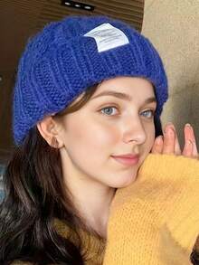 1pc Women's Candy Color Autumn/Winter Cable Knit Beanie Hat, Warm & Windproof, Fashionable Versatile Unisex Style - A - View 7
