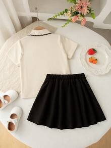 2件套女童休闲蝴蝶印花纽扣领短袖上衣和百褶裙套装，夏季 - 杏色 - 查看 2