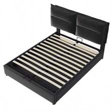 Hydraulic Double Bed With Upholstery, 140x200cm, Adjustable Headboard, Metal Slatted Base, Velvet, Modern Bed Frame With Storage Space, Large Storage Area, Black (With Mattress) - Black - View 12