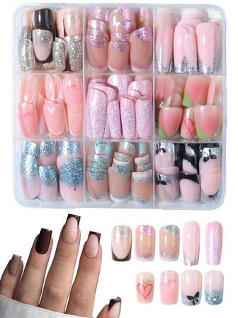 216 piezas (9 diseños mixtos/set) Pegatinas de uñas francesas cuadradas cortas con brillo Y2K, que contienen polvo de brillo, polvo dorado/plateado, polvo rosa/azul, lazos, corazones y diseños degradados, que muestran un estilo femenino encantador, perfectamente ajustados a las puntas de uñas acrílicas, incluye 1 frasco de gel y 1 lima de uñas, fácil de aplicar, adecuado para mujeres y niñas para uso diario y fiestas.