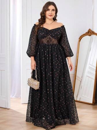 大码女士露肩灯笼袖优雅长款正式礼服（带装饰）