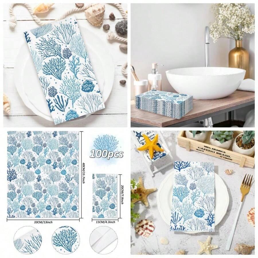 servilletas de papel para invitados de arrecife de coral, color blanco y azul, servilletas desechables de 3 capas, con temtica de playa, cena, toallas de mano para suministros de - Azul,Blanco - Ver 1