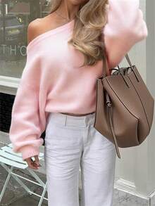 Áo len nữ SOLTRB kiểu dáng thường ngày, màu trơn, rộng rãi, trễ vai, tay dài, màu hồng lãng mạn, áo dệt kim dáng rộng, trang phục nữ màu hồng. - Hồng - Xem 1