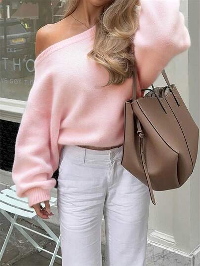 Suéter holgado de manga larga con hombros descubiertos de unicolor casual nuevo para mujer, color rosa romántico, parte superior de punto oversize, ropa de mujer color rosa