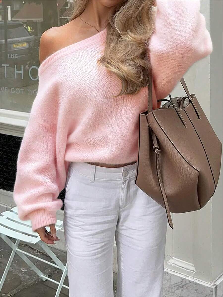 Áo len nữ SOLTRB kiểu dáng thường ngày, màu trơn, rộng rãi, trễ vai, tay dài, màu hồng lãng mạn, áo dệt kim dáng rộng, trang phục nữ màu hồng. - Hồng - Xem 1