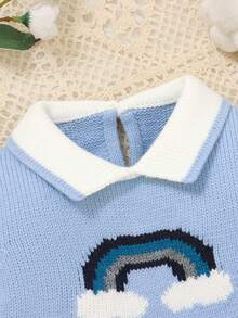 Sky Blue Newborn Sweater, Fashionable Rainbow Jacquard Collar Jumpsuit For Little Gentleman - Blue - View 6