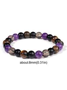 YAUKIA 1条勇气手链，8毫米虎眼石烟晶紫水晶珠手链，冥想灵性疗愈减压饰品礼品 - 彩色 - 查看 6