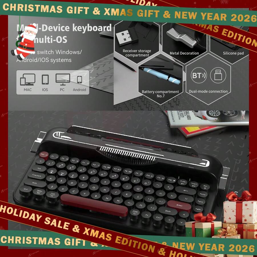 ATTACK SHARK Teclado inalámbrico tipo máquina de escribir Ajazz AF84, conexión dual Bluetooth/2.4G, diseño estético retro lindo con soporte integrado para tableta, teléfono, PC y Win/Android, regalo de Navidad / regalo de Año Nuevo 2026 / regalo festivo / edición navideña / regalo para la familia - Multicolor - Ver 1