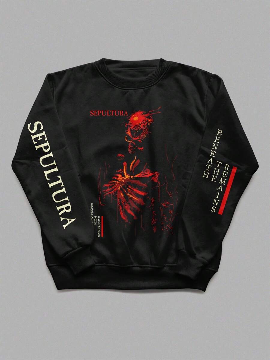 Unisex Crew Neck Sweatshirt Sepultura Metal Print Printed Sleeves Casual Black Soft Fabric - màu đen - Xem 1