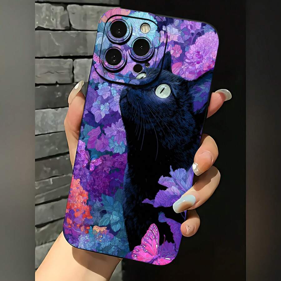 2026 nueva funda de teléfono esmerilada, funda de teléfono con diseño de gato negro con flores moradas y mariposas para 17 15 Pro Max 17 14 Pro 17 13 Galaxy S23 S22 S21 protector de teléfono funda de pareja regalo para novio novia día de San Valentín regalo de cumpleaños - Azul Klein - Ver 1