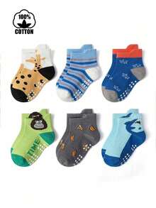 6 Pairs Cotton Star Dot Cartoon Kids Socks, Anti-Slip Breathable Baby Boys Girls Non-Slip Socks - Multicolor - View 6