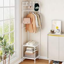 1pc 2-Tier Free Standing Coat Rack, Space-Saving Design With Hooks And Shelves, Easy Assembly, Suitable For Entryway, Bedroom, Closet, Balcony, Sturdy And Durable, Movable, Storage For Clothes, Pants, Blankets, Bags, Hats, Accessories - Multicolor - View 3