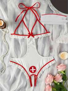 2pcs White Women's Sexy Lingerie Bodysuit Halloween Naughty Maid Nurse Cosplay Costume Lingerie Nightclub - trắng - Xem 5
