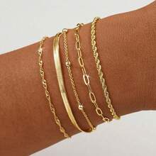 5pcs Elegant Stackable Women's Gold Tone Bracelet Set, Suitable For Daily Wear Jewelry - Yellow Gold - View 1