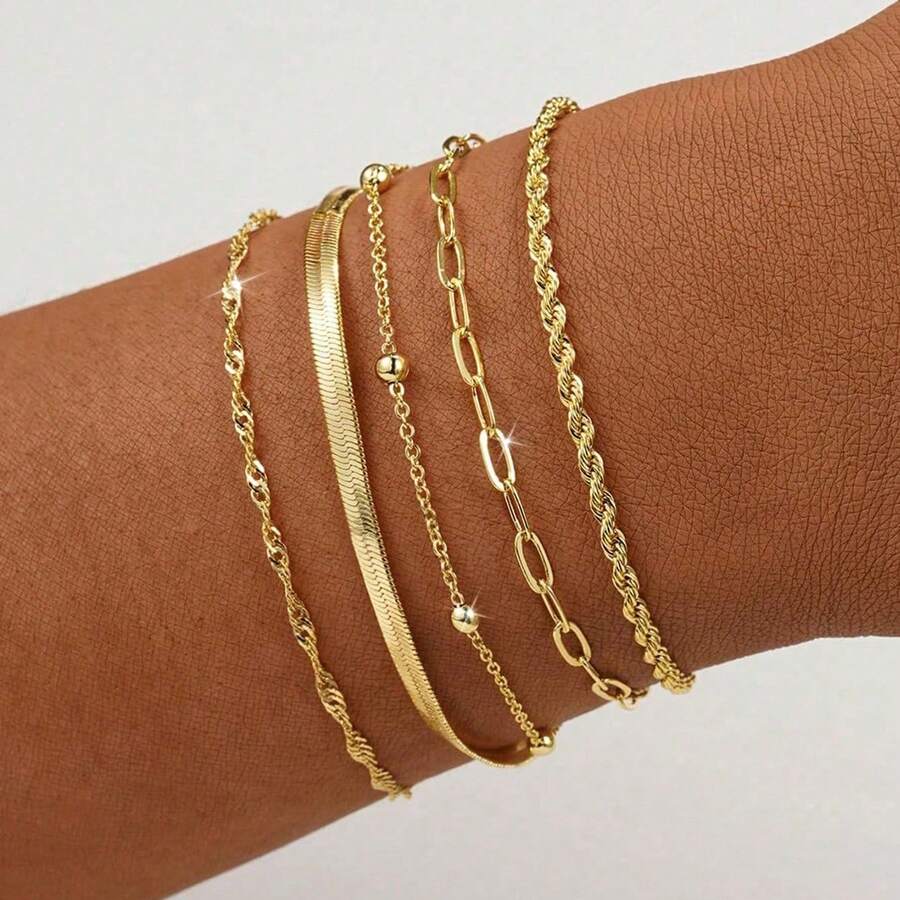 5pcs Elegant Stackable Women's Gold Tone Bracelet Set, Suitable For Daily Wear Jewelry - Yellow Gold - View 1
