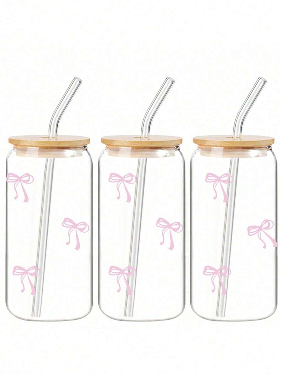 1个16盎司透明咖啡杯，蝴蝶结设计，配有竹制杯盖和吸管，大容量户外旅行饮料/果汁杯，适合夏季和冬季使用，生日/节日派对礼物 - 彩色 - 查看 1
