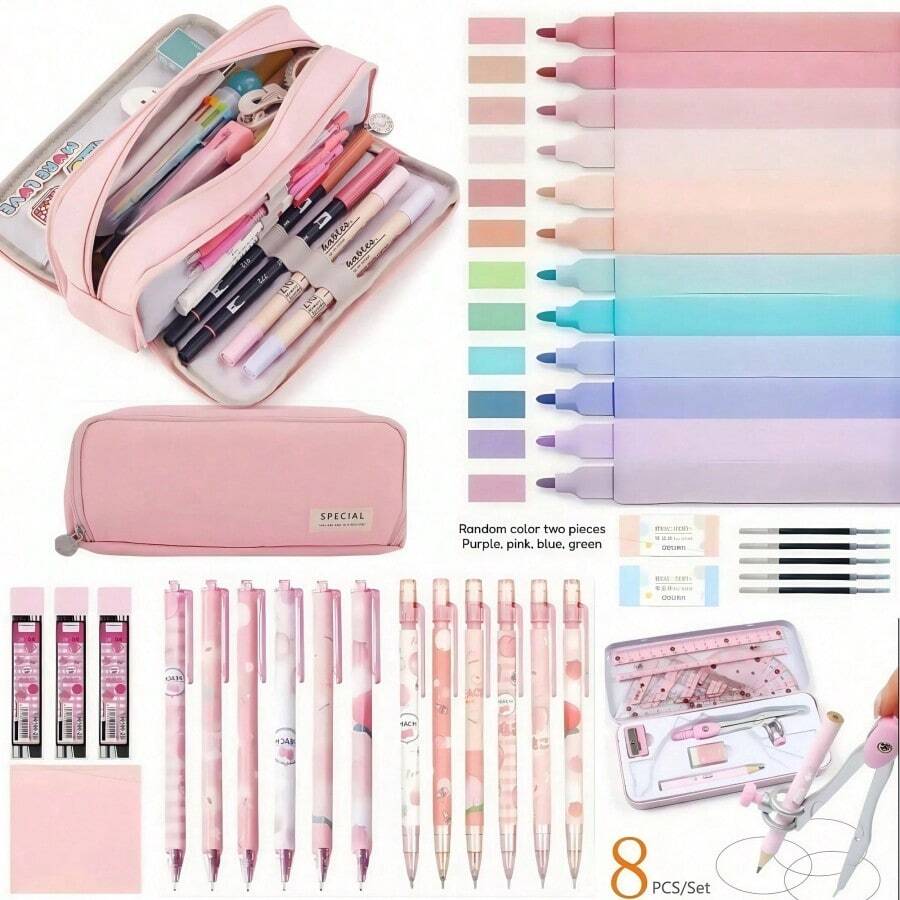 44PCS Stationery Set, Including A Large-Capacity Pencil Case, 6PCS 0.5mm Pink Gel Pens, 6-Piece Morandi 0.5mm Mechanical Pencils, 12-Color Gradient Colored Highlighters, Erasers, And Cute Office/Study Supplies. Back-To-School Season Gifts - 44PCS Stationery Set - View 1