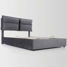 Hydraulic Double Bed With Upholstery, 140x200cm, Adjustable Headboard, Metal Slatted Base, Velvet, Modern Bed Frame With Storage Space, Large Storage Area, Grey (With Mattress) - Grey - View 8