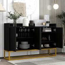 Modern Minimalist Sideboard, 4-Door Handleless Buffet For Dining Room, Living Room, Kitchen (White) - 黑色 - 查看 3