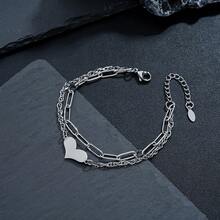 1pc Stylish Double-Layer Heart Bracelet, Unisex Minimalist Stainless Steel Jewelry Design - Multicolor - View 7