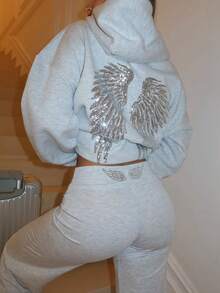 Sequin Embroidered Angel Wings Light Grey Sweatshirt Y2K Cute Women Sweatshirt, Casual Dropped Shoulder Long Sleeve Sweatshirt For Women