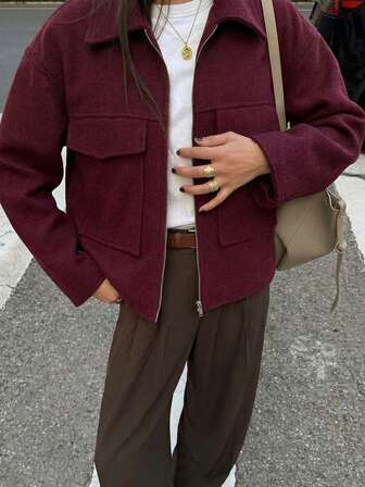 Women's Oversized Fashionable And Casual Versatile Solid Color Large Pocket Zipper Commuting Woolen Tops Coat