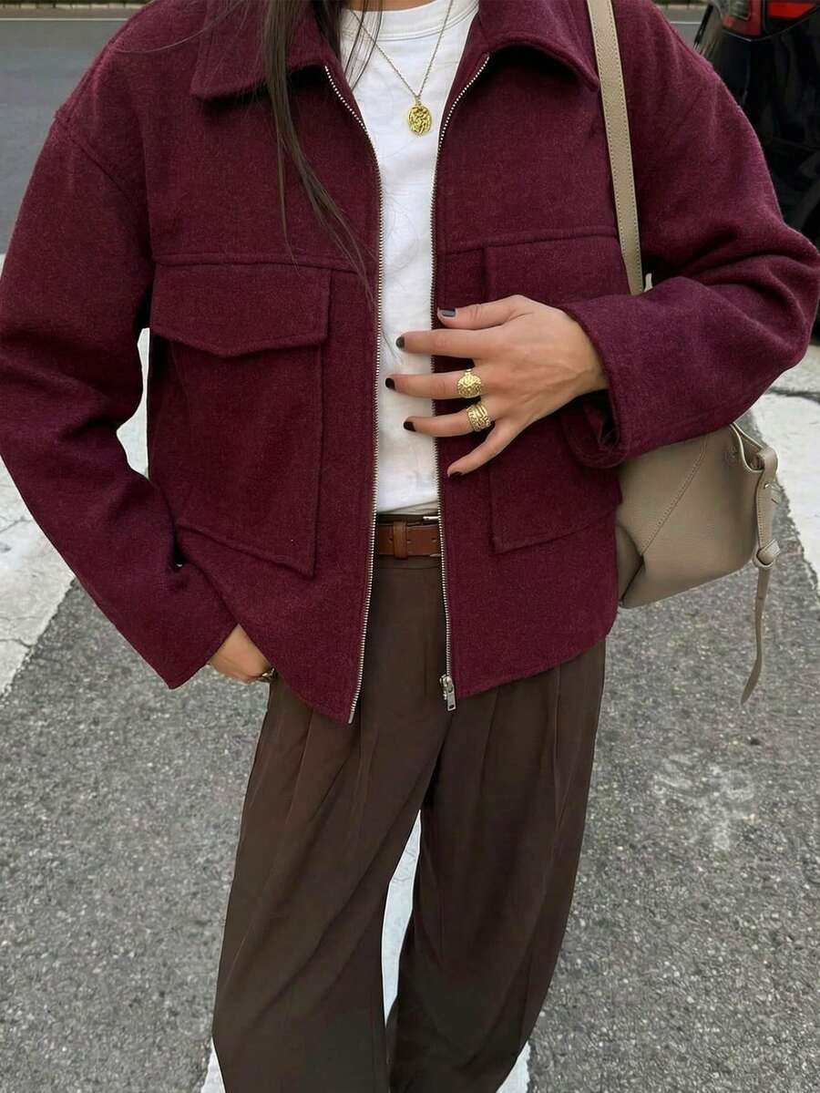 女款寬鬆時尚休閒百搭素色大口袋拉鍊通勤羊毛上衣外套 - 酒紅色 - 查看 1