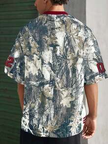 男士薄款短袖印花圆领T恤，百搭弹力宽松休闲上衣 - 橄欖綠 - 查看 2