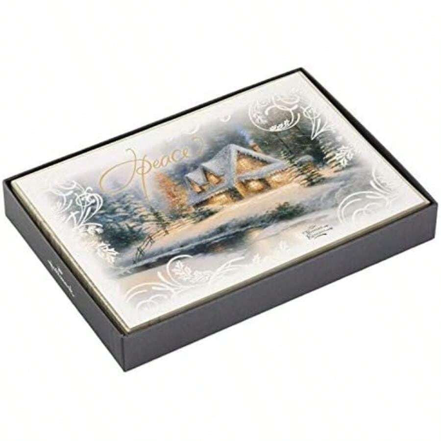 Hallmark Thomas Kinkade - Surtido de tarjetas de Navidad en caja, casas nevadas (40 tarjetas con sobres y sellos de aluminio)(Thomas Kinkade, Paz) - Multicolor - Ver 1